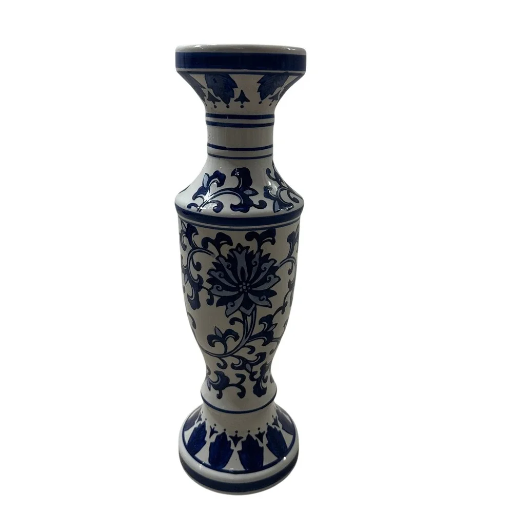 Blue and White Chinoiserie Ceramic Pillar Candle Holder Floral 15.5 Inch Tall